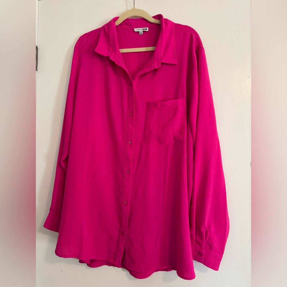 Fashion Nova Women'sVibrant Pink 2 Piece Set- Button Up Blouse & Wide Leg Pants
